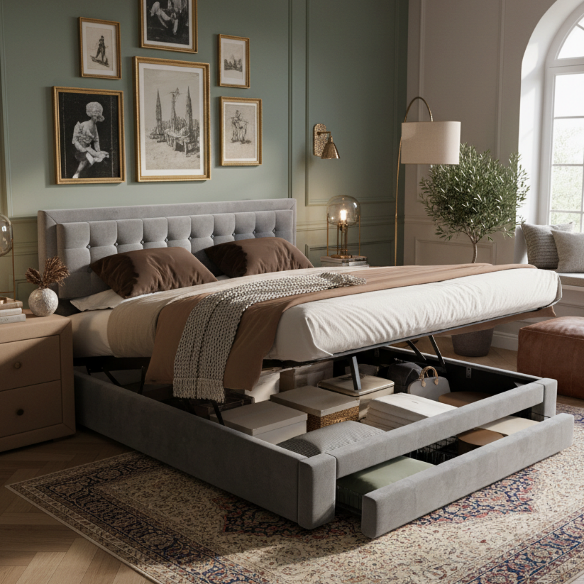 Bett mit Kasten und Schubladen, Samtstoff, Polsterbett, Lattenrost, Doppelbett, großer Stauraum, 160 x 200, Grau