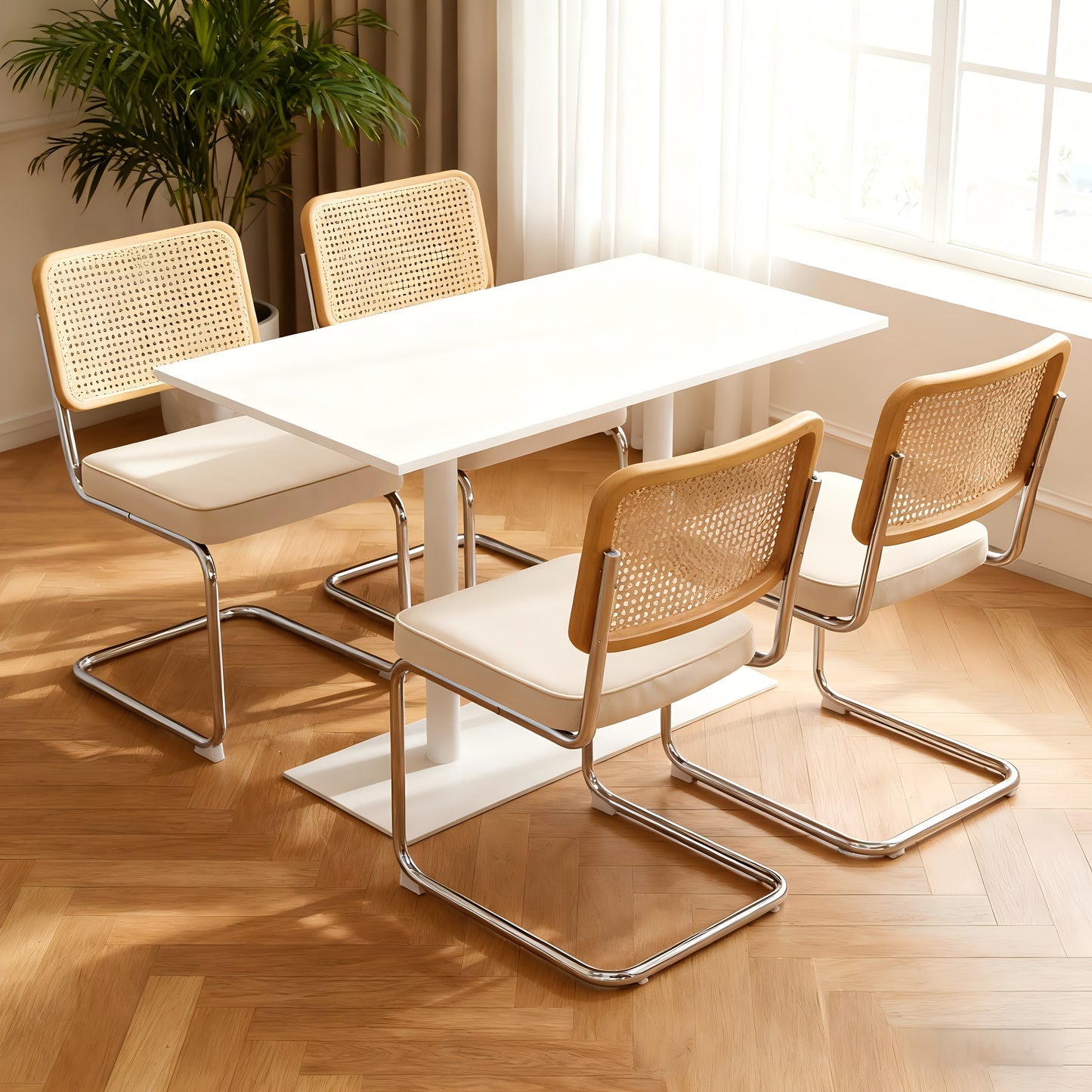 Gigab2b original image - Dining Chairs Set of 4, Velvet Rattan Side Accent Chairs with Chrome Legs, Modern Mid Century Breuer Designed Chairs, Upholstered Dining Living Room Kitchen Chairs