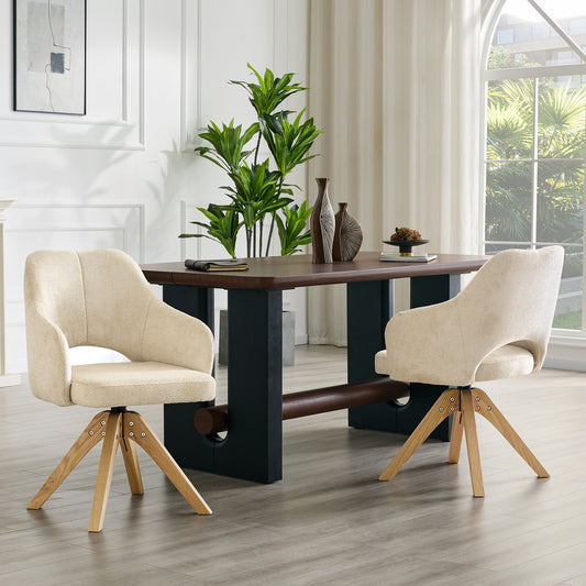 2er-Set Drehstühle im leichten Luxus-Retro-Stil. Weißer Textilstoff mit Struktur und Massivholzbeinen, 360° leise Drehfunktion, gewölbte Rückenlehne. Geeignet für Esszimmer, Wohnzimmer.