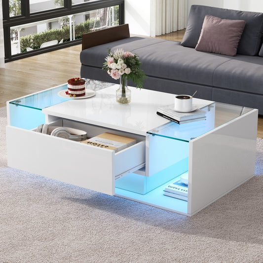 100*50*31cm Couchtisch,kaffetisch mit 1 Schublade und LED-Lichtleiste, Beistelltisch aus gehärtetem Glas,Hochglanz-Sofatisch,weißer Wohnzimmertisch im minimalistischen Design