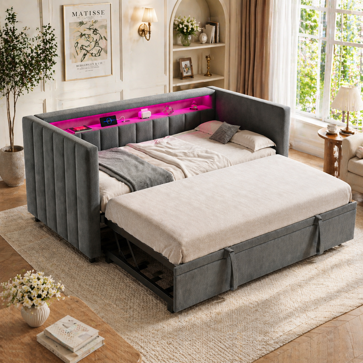 Gigab2b original image - Multifunktionales Schlafsofa 90x190 cm mit ausziehbarem Bett, USB-Type-C-Anschluss, LED-Ambiente, Samtbezug & Stauraum – Stilvolles Design für Wohnzimmer, Gästezimmer oder Jugendzimmer. Gray