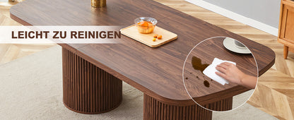 Moderner ovaler Esstisch mit geriffeltem Säulenfuß, hochwertiger MDF-Oberfläche in Holzoptik, im Wabi-Sabi- und Mid-Century-Stil für die heimische Küche