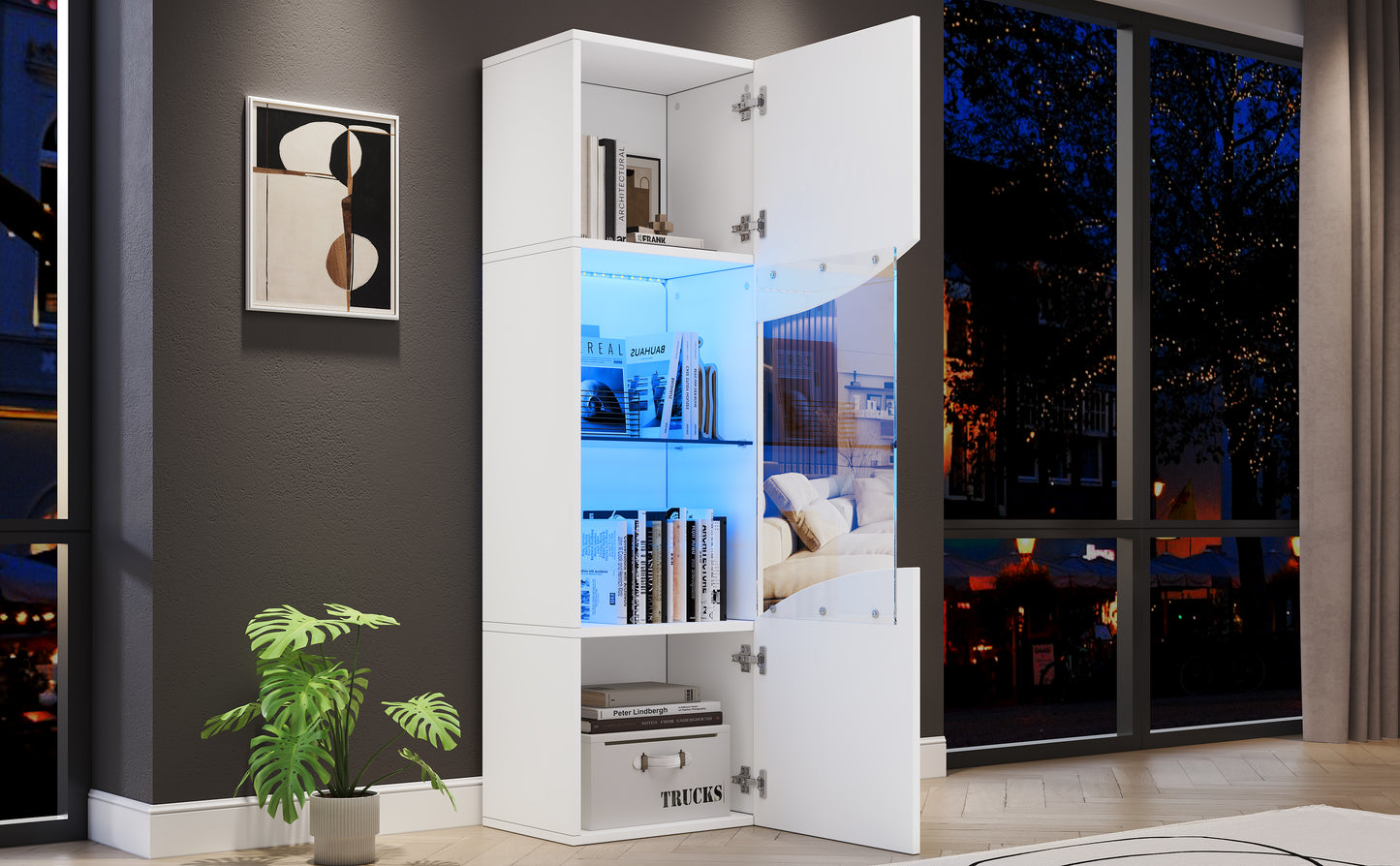 35*50*165cm Wohnzimmer-Vitrinenschrank,Hochglänzender Vitrinenschrank (Schranktüren), hoher Schrank mit großem Stauraum und LED-Beleuchtung.konkav bogenförmige Wellenoberflächengestaltung,Weiß