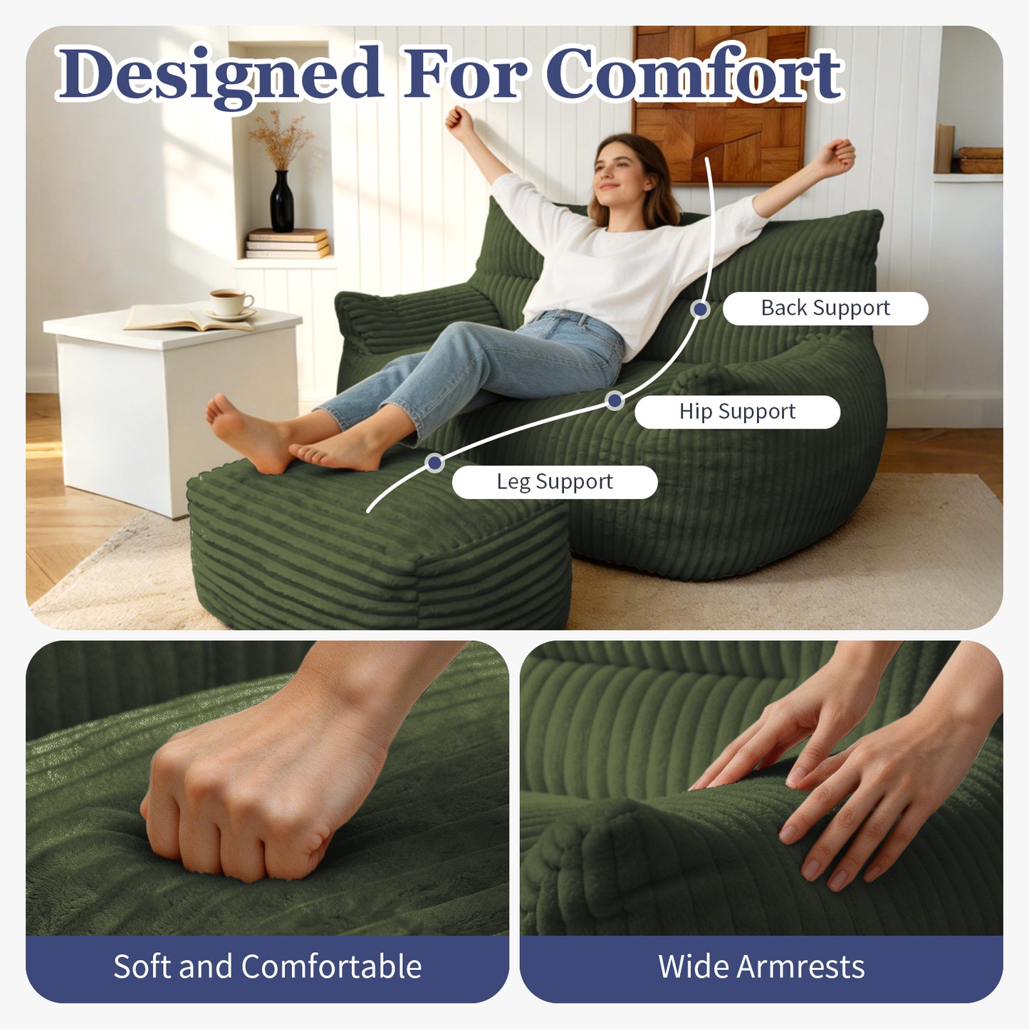 Double Bean Bag Chair with Ottoman - Large Loungers for Living Rooms