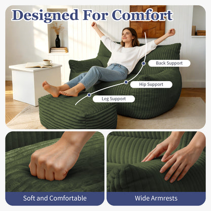 Double Bean Bag Chair with Ottoman - Large Loungers for Living Rooms