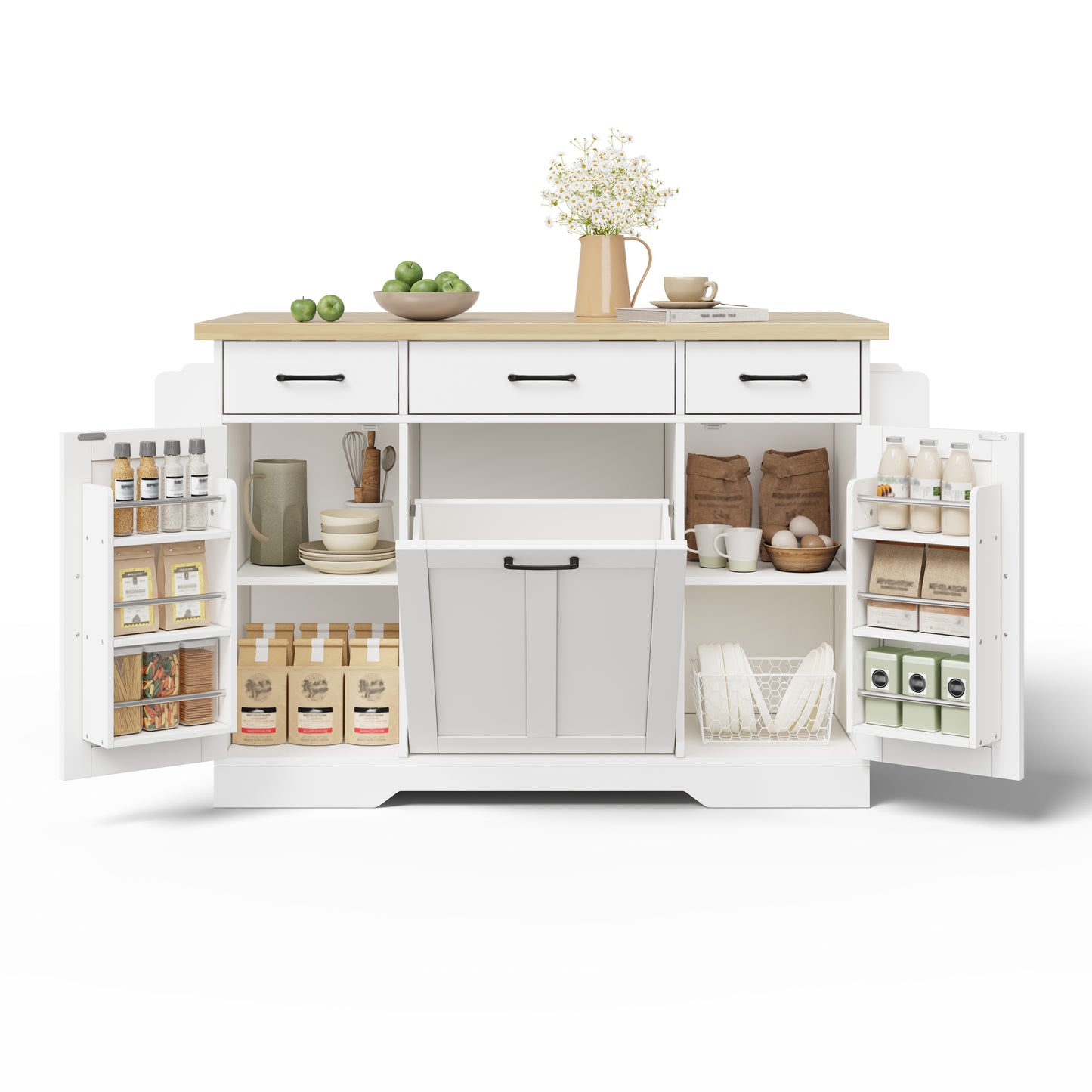 Mobile Kücheninsel mit klappbarer Arbeitsplatte, Küchenwagen, Stauraumschrank, Müllschrank, Buffetschrank mit Gewürzregal, Schublade und Rollen, 120 × 45 (70) × 87 cm