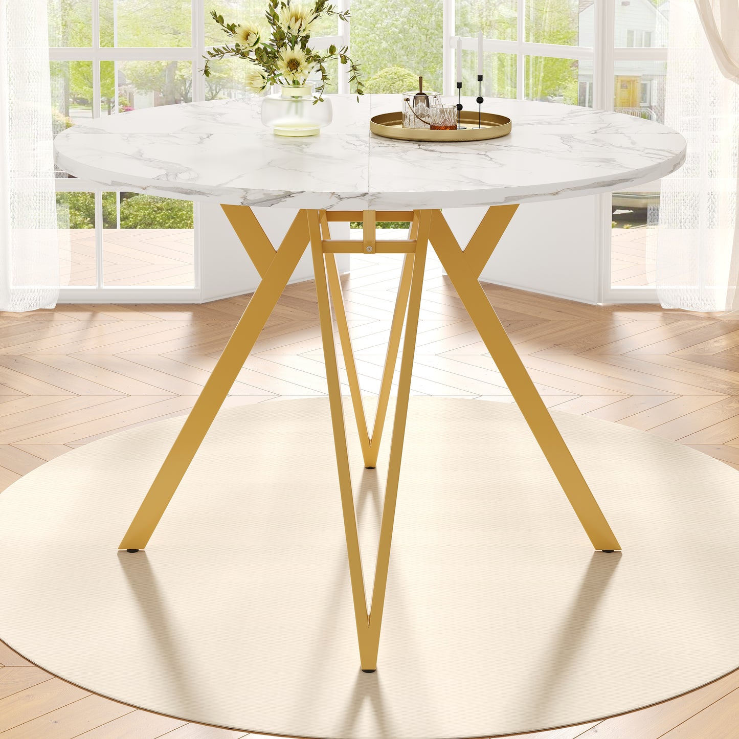 Gigab2b original image - Runder Esstisch (100×100×76cm), Küchen-Esstisch, runder Couchtisch für 4 Personen, geeignet für Esszimmer, Wohnzimmer, stilvolle Tischbeine aus Metall, Tischplatte aus MDF-Marmor, Gold