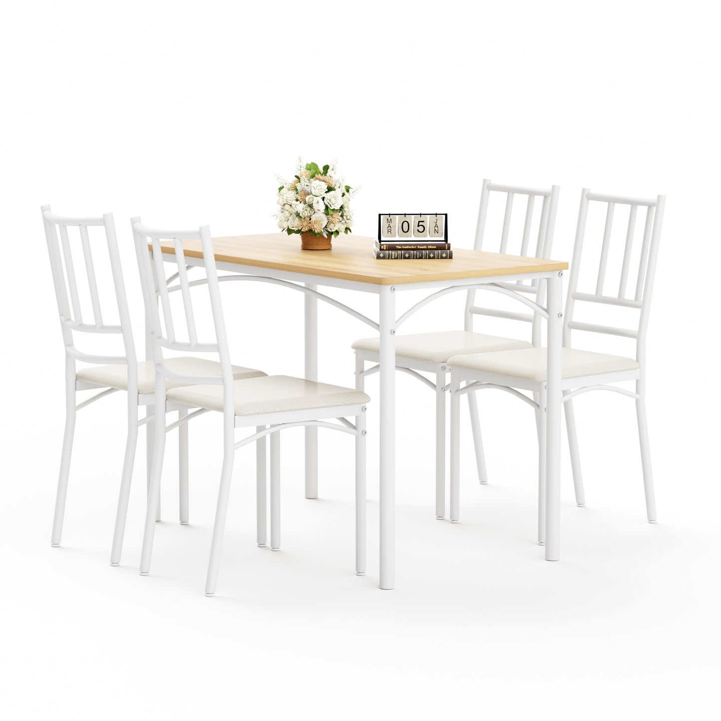 Gigab2b original image - Esstischset, Bartisch mit 4 Esszimmerstühlen, Küchentisch mit Stühlen, industrieller Frühstückstisch für Küche, Wohnzimmer, Partyraum, naturfarben und weiß,110cm*60cm*76.5cm