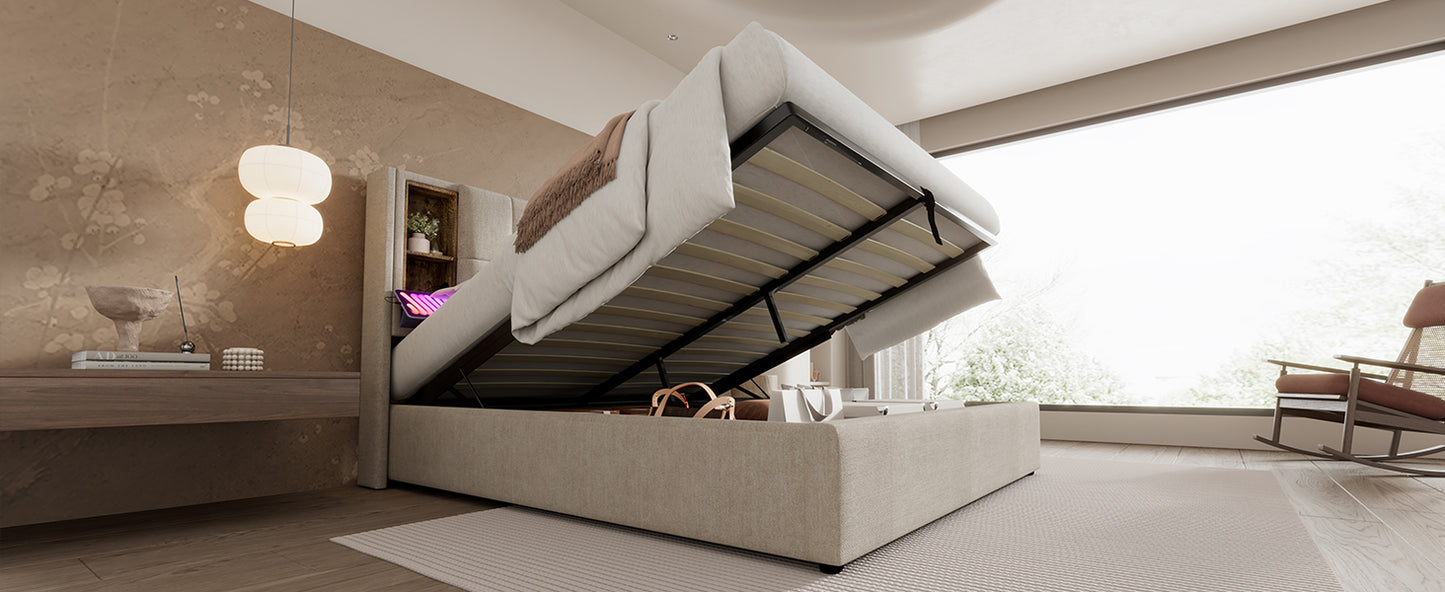 (=AB20359798N)Doppelbett mit Kabellosem Laden USB C, Polsterbett  Bettgestell 180x200cm,Bettgestell mit Stauraum Lattenrost aus Holz-Natürlich Leinen