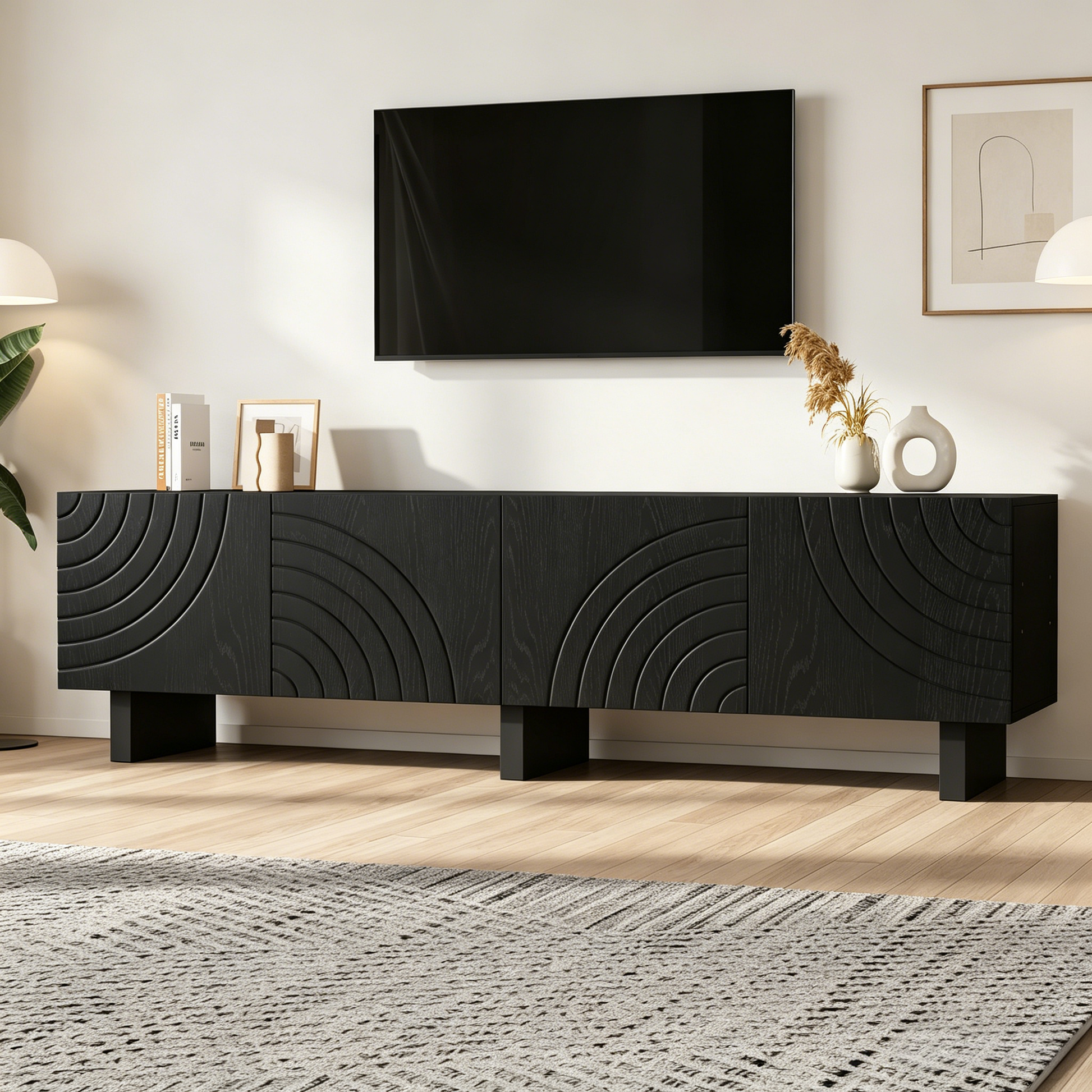 180 × 40 × 55 cm Schwarzes TV-Bank aus Spanplatte, Modernes Lowboard mit Struktur für Wohnzimmer,Fernsehschrank mit 4 Türen, TV-Halterung, Aufbewahrungsschrank.Geeignet für 75-Zoll-Fernseher