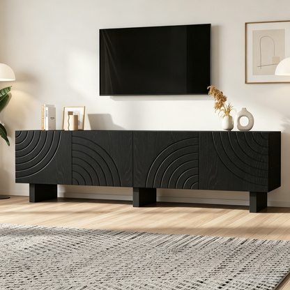 180 × 40 × 55 cm Schwarzes TV-Bank aus Spanplatte, Modernes Lowboard mit Struktur für Wohnzimmer,Fernsehschrank mit 4 Türen, TV-Halterung, Aufbewahrungsschrank.Geeignet für 75-Zoll-Fernseher