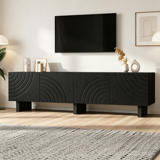 180 × 40 × 55 cm Schwarzes TV-Bank aus Spanplatte, Modernes Lowboard mit Struktur für Wohnzimmer,Fernsehschrank mit 4 Türen, TV-Halterung, Aufbewahrungsschrank.Geeignet für 75-Zoll-Fernseher