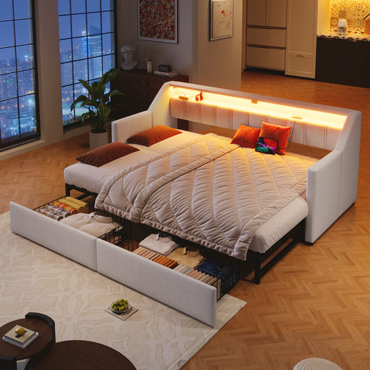 Daybett, Tagesbett, Schlafsofa,90 x 200cm, Mit USB und Type-C, LED-Leiste , Mit 2 Schubladen, Stauraumtaschen, Multifunktionales Ausziehbett , Ohne Matratze, Beige
