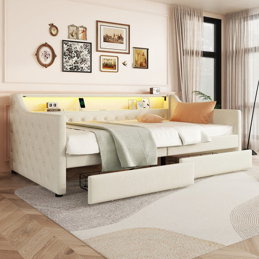 Daybett, 90 x 200cm, Schlafsofa, Tagesbett mit Lattenrost (ohne Matratze), Ambientelicht mit Fernbedienung, Bett mit zwei Schubladen, USB-Ladebuchse, Linen, Beige