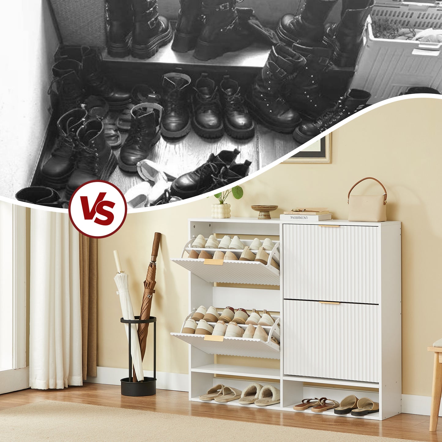 120 x 24 cm Schuhschrank mit Nutfront – Höhenverstellbar mit Kippschutz und Dekotisch für den Flur, in Weiß