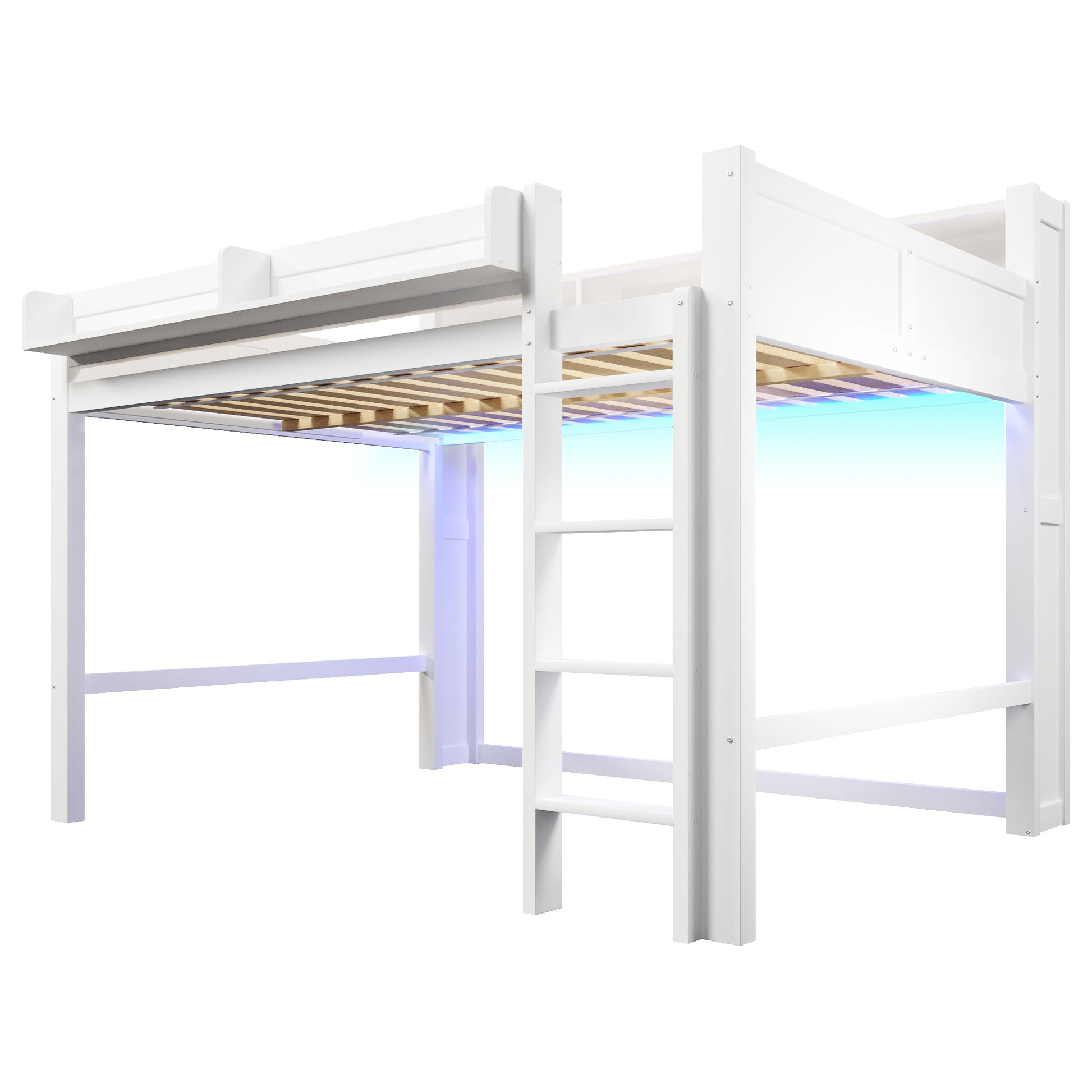 140x200 cm großes Hochbett aus Holz mit Ablagefächern, LED-Beleuchtung und USB-Anschluss, Weiß