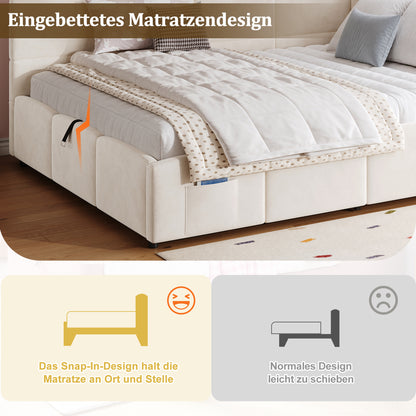 Polsterbett,Kinderbett, Daybett, Stauraumbett, Schlafsofa 140x190 cm, mit Lattenrost, USB-Ladegerät, Stautasche, Jugendbett und Erwachsenen-Kinderbett,Samt, beige (ohne Matratze)