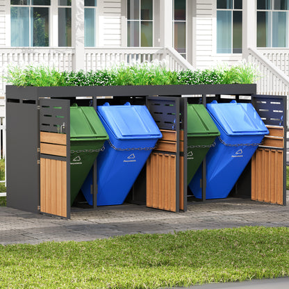Multifunktionaler Außenschrank mit integriertem Pflanzkasten, Lamellenbelüftung, vier separaten Fächern, verzinktem Stahlrahmen und Sicherungskette – für Lagerung & Gartendekoration (ohne Abfalleimer)