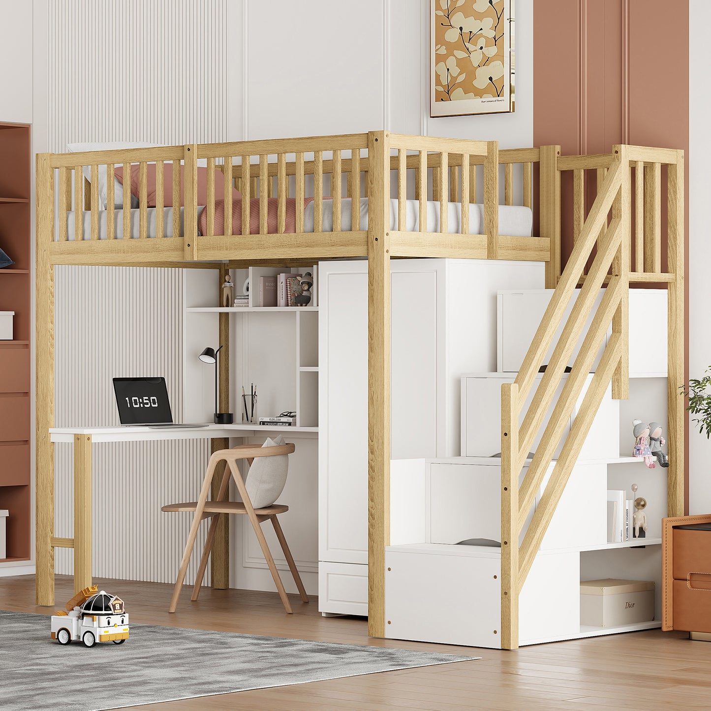 Gigab2b original image - Hochbett 90 x 200 mit großem Kleiderschrank Regal und Tisch, Stauraum Treppe Mehrzweckbetteinheit Holzbettgestell Holzfarbe