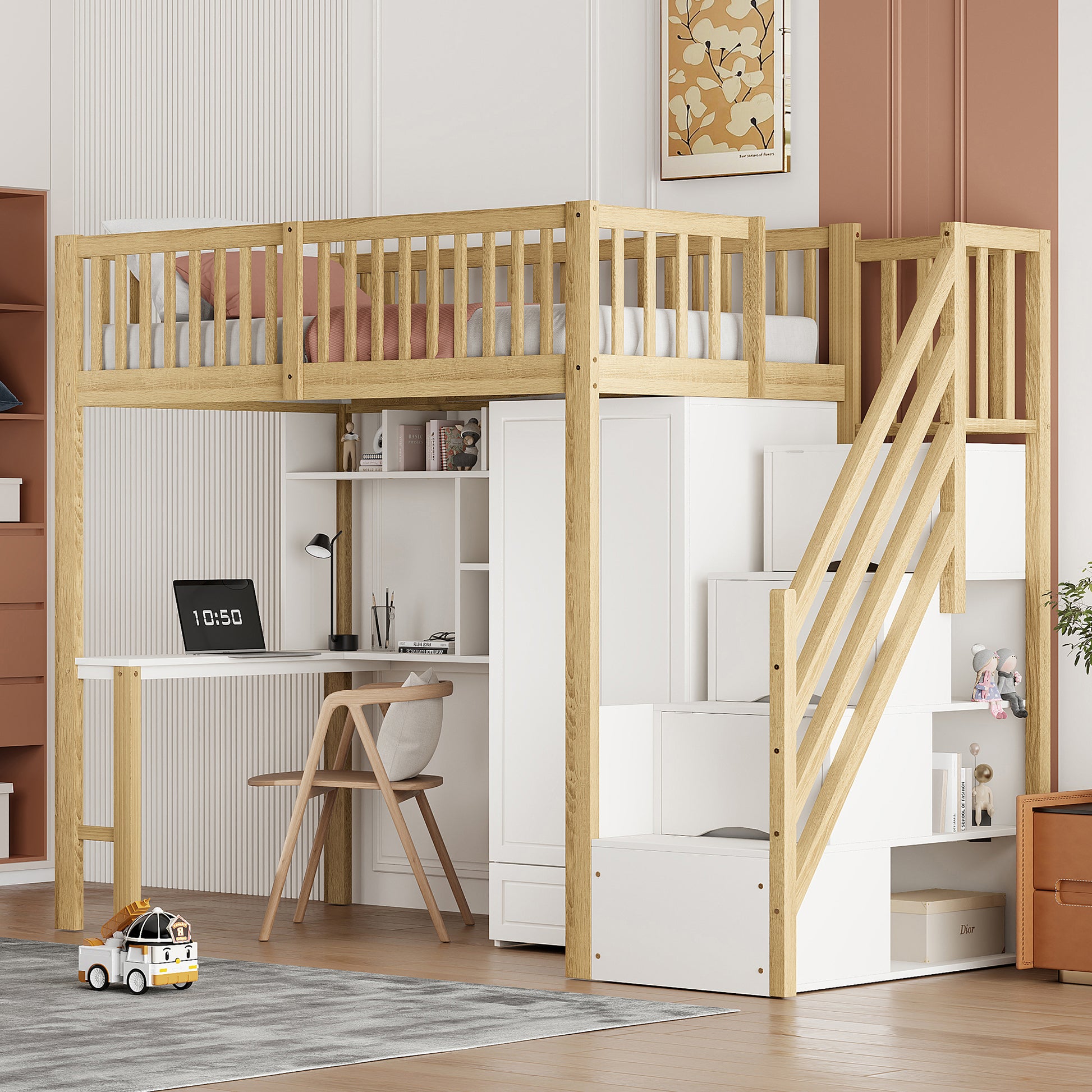 Gigab2b original image - Hochbett 90 x 200 mit großem Kleiderschrank Regal und Tisch, Stauraum Treppe Mehrzweckbetteinheit Holzbettgestell Holzfarbe