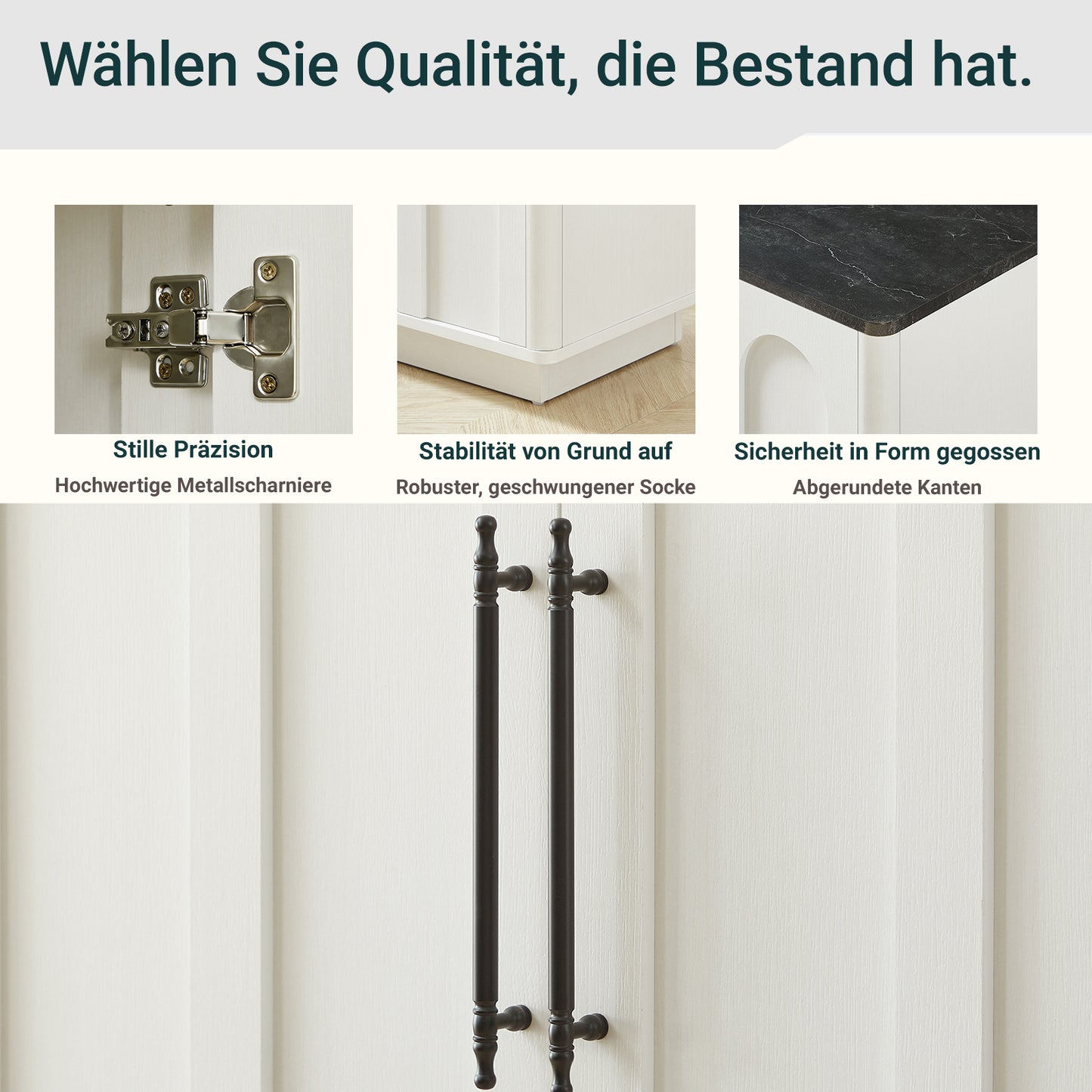 Bogenfront Sideboard mit 4 Türen, Soft-Close Scharnieren & Kippsicherung, 160cm Breiter Aufbewahrungsschrank für Wohnzimmer & Esszimmer, Weiß und schwarz