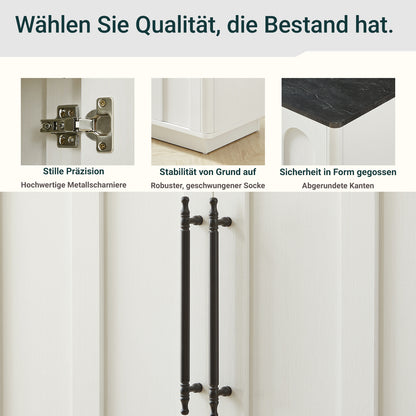 Bogenfront Sideboard mit 4 Türen, Soft-Close Scharnieren & Kippsicherung, 160cm Breiter Aufbewahrungsschrank für Wohnzimmer & Esszimmer, Weiß und schwarz