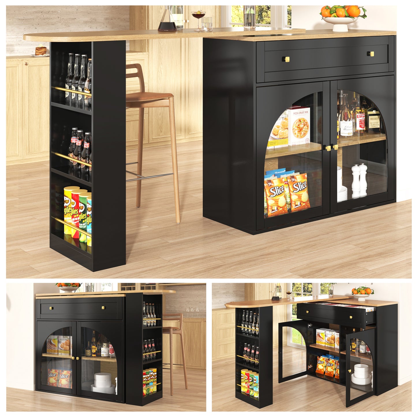 Ausziehbarer Bartisch mit Stauraum(138-204×39×104cm) , 360° drehbare Essbar,Moderner Beweglicher Bar Table,Hochtisch Kücheninsel Bistro Table, Sideboardschrank mit Regalen und Glas,Schwarz
