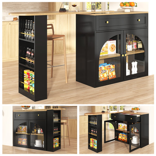 Ausziehbarer Bartisch mit Stauraum(138-204×39×104cm) , 360° drehbare Essbar,Moderner Beweglicher Bar Table,Hochtisch Kücheninsel Bistro Table, Sideboardschrank mit Regalen und Glas,Schwarz