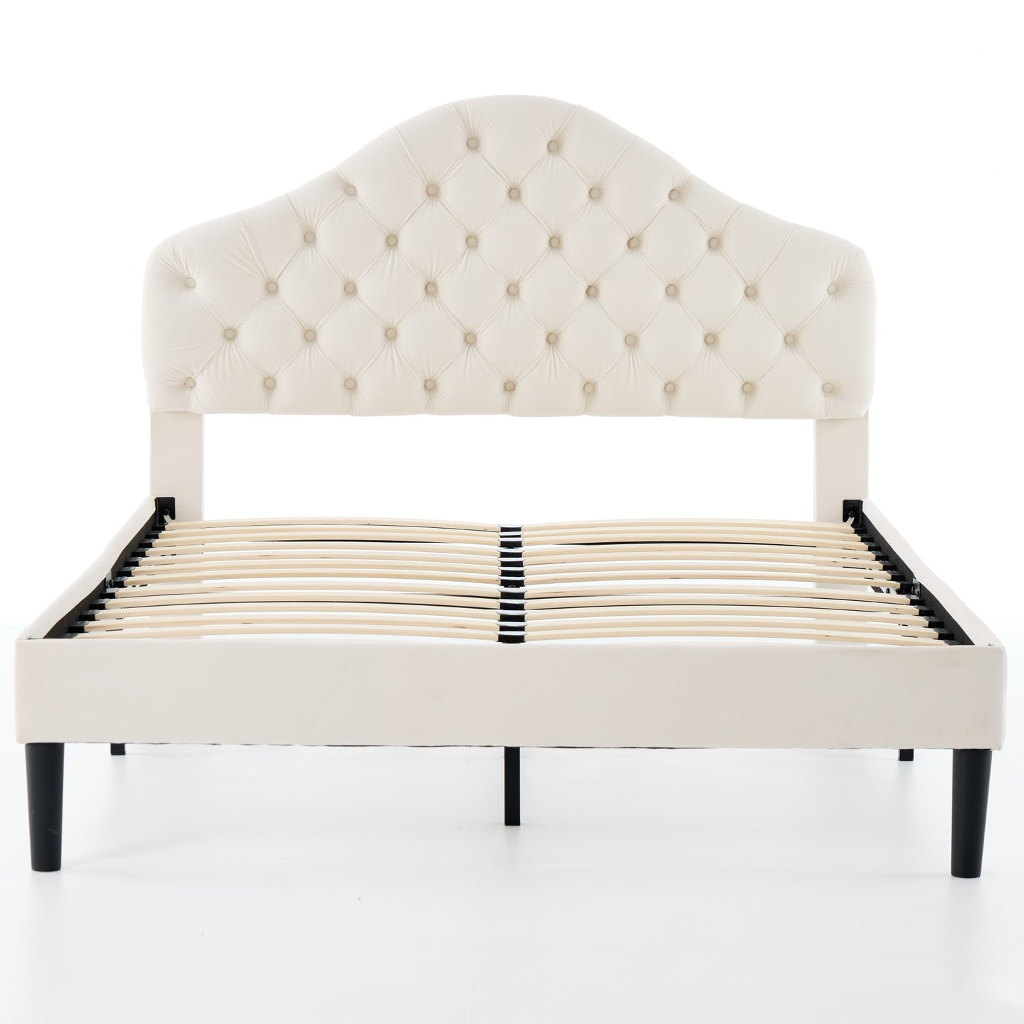 Full Size Upholstered Platform Bed Frame with Adjustable Headboard, Velvet Single Bed with Wood Slat