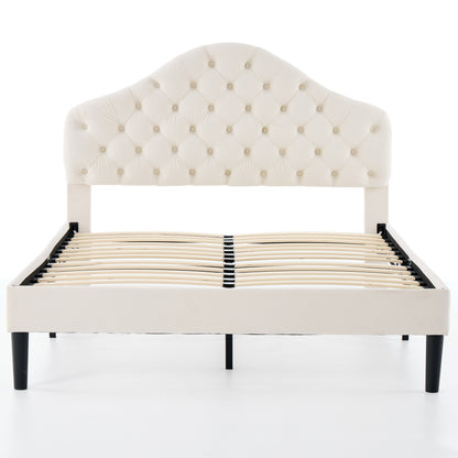Full Size Upholstered Platform Bed Frame with Adjustable Headboard, Velvet Single Bed with Wood Slat