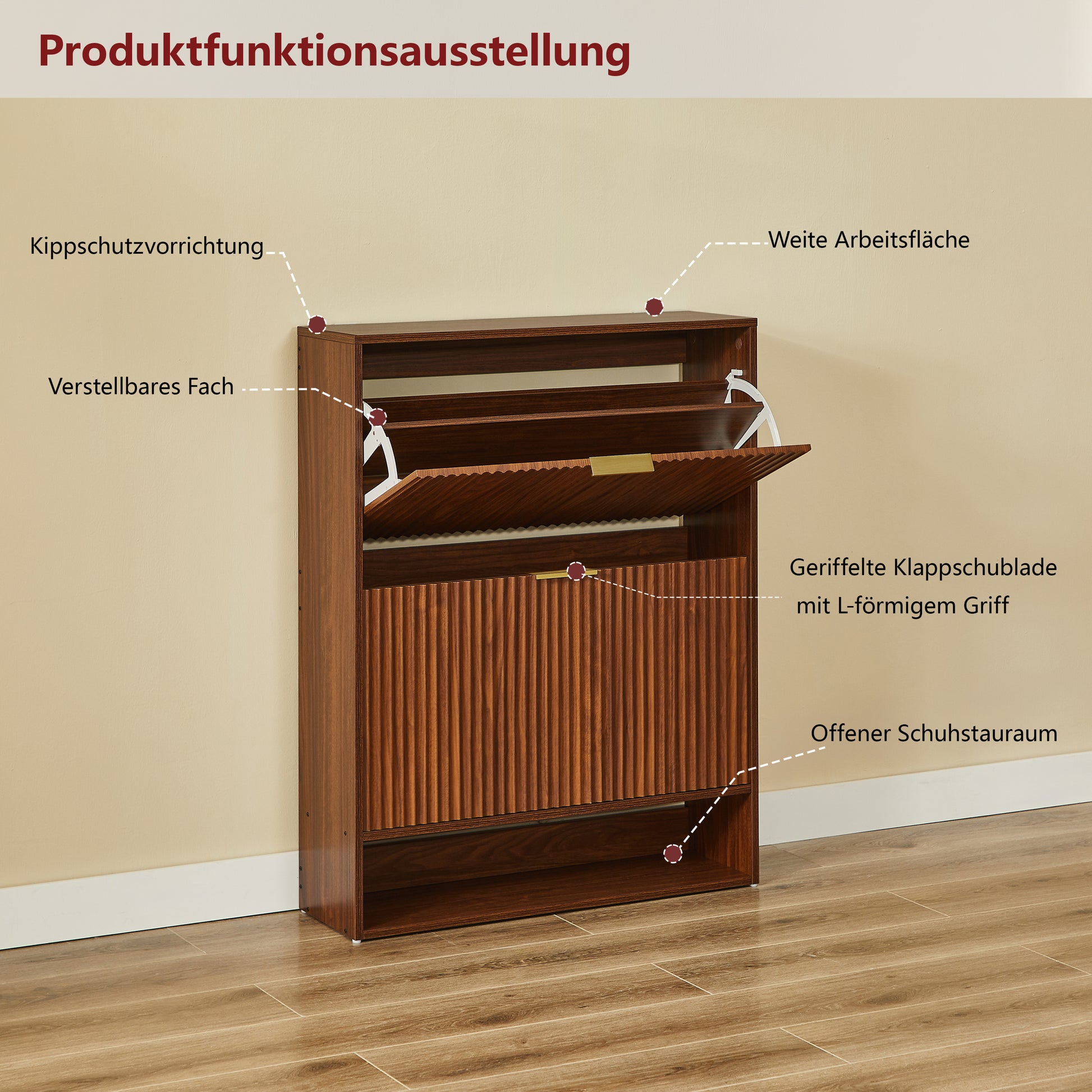 80 x 24 cm Schuhschrank mit Nutfront – Höhenverstellbar mit Kippschutz und Dekotisch für den Flur, in Nussbaum-Optik