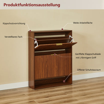 80 x 24 cm Schuhschrank mit Nutfront – Höhenverstellbar mit Kippschutz und Dekotisch für den Flur, in Nussbaum-Optik