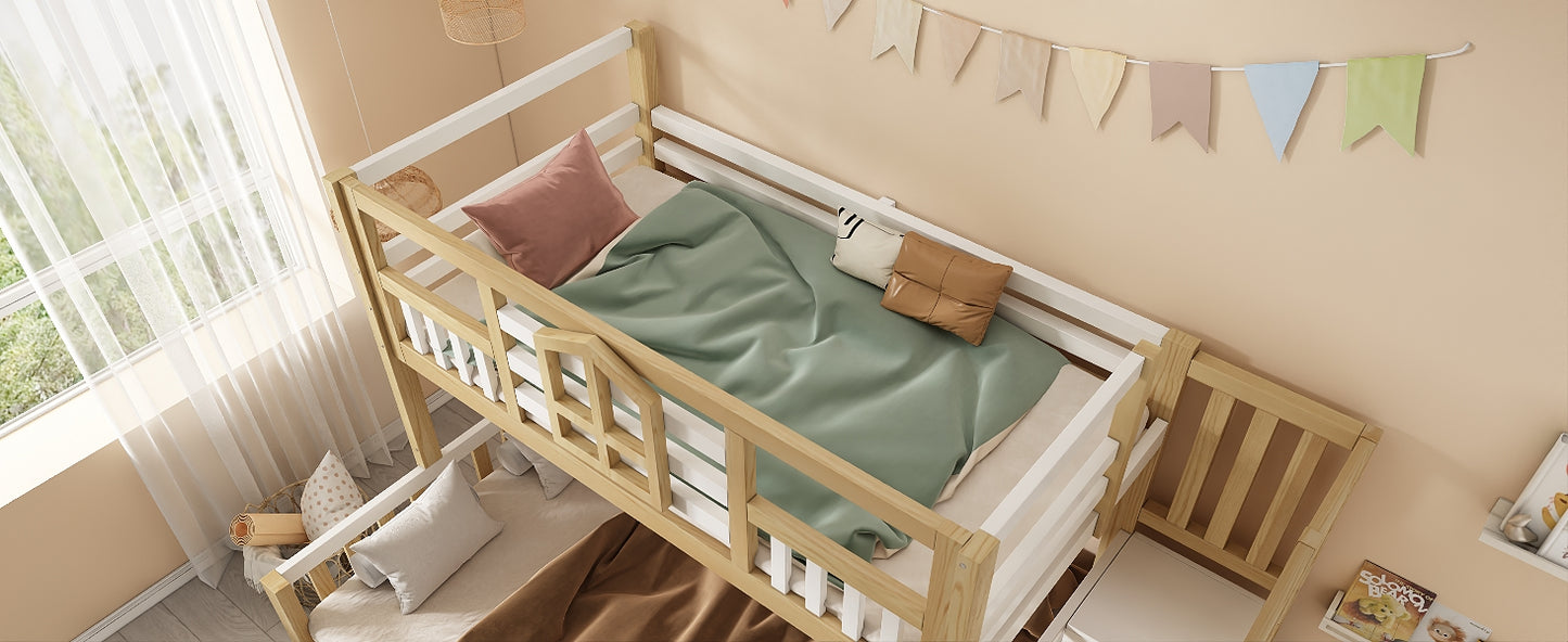 Children's Bunk Bed with Window and Safety Railing in White & Natural Wood