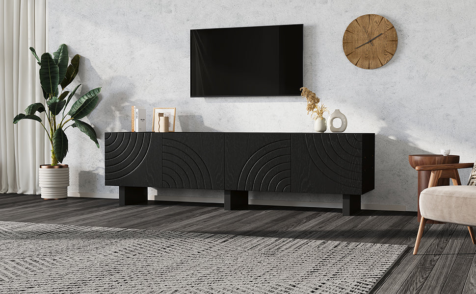 180 × 40 × 55 cm Schwarzes TV-Bank aus Spanplatte, Modernes Lowboard mit Struktur für Wohnzimmer,Fernsehschrank mit 4 Türen, TV-Halterung, Aufbewahrungsschrank.Geeignet für 75-Zoll-Fernseher