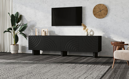 180 × 40 × 55 cm Schwarzes TV-Bank aus Spanplatte, Modernes Lowboard mit Struktur für Wohnzimmer,Fernsehschrank mit 4 Türen, TV-Halterung, Aufbewahrungsschrank.Geeignet für 75-Zoll-Fernseher