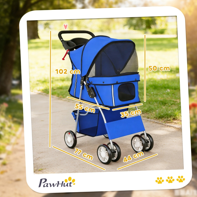 Foldable Blue Pet Stroller with Rain Cover and Reflectors