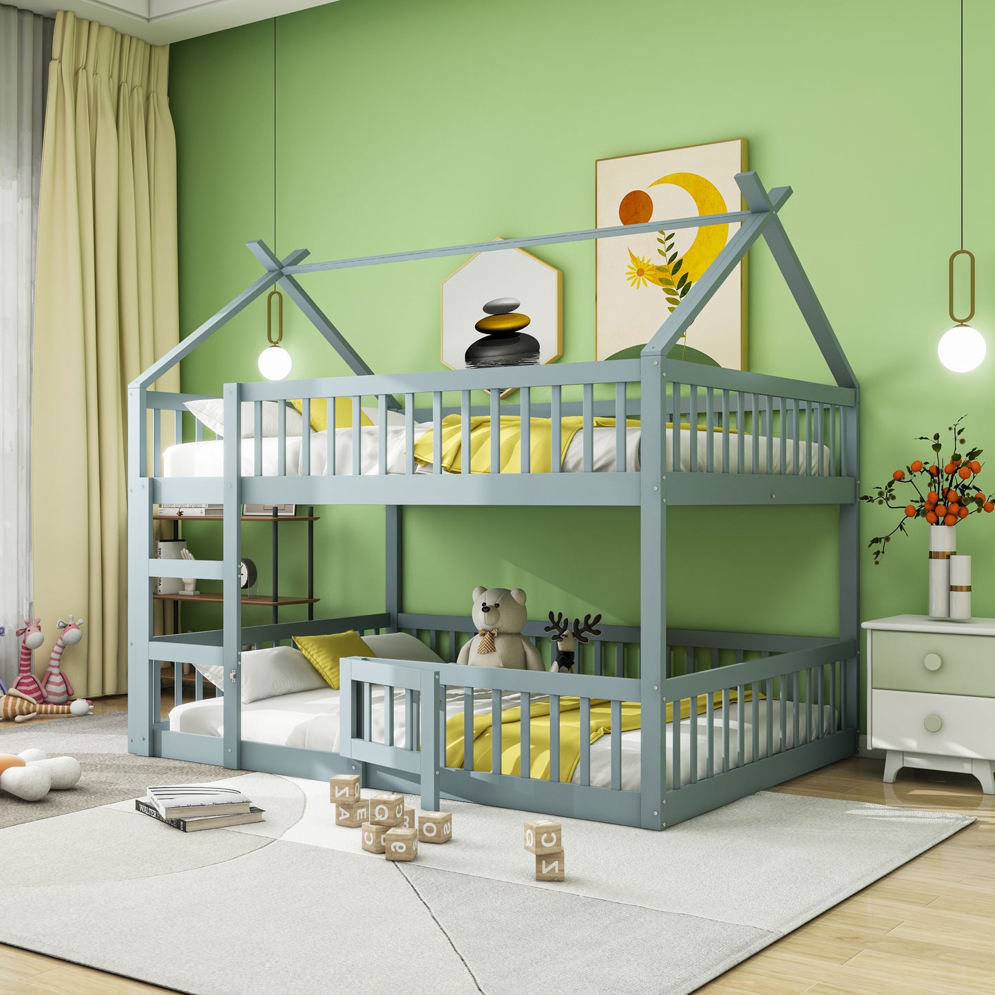 Gigab2b original image - Kinder-Etagenbett 140*200, Kinder-Familienbett, Etagenbett mit Treppe, Loft Design, Massivholz-Etagenbett-Rahmen, Grau