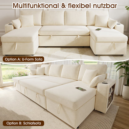 U‑förmiges Ecksofa mit Schlaffunktion, ausziehbares Schlafsofa, integrierter Stauraum, doppelte Chaiselongue mit verstecktem Stauraum, Becherhalter, USB‑Ladeanschluss und Armlehnen‑Ablage,Beige