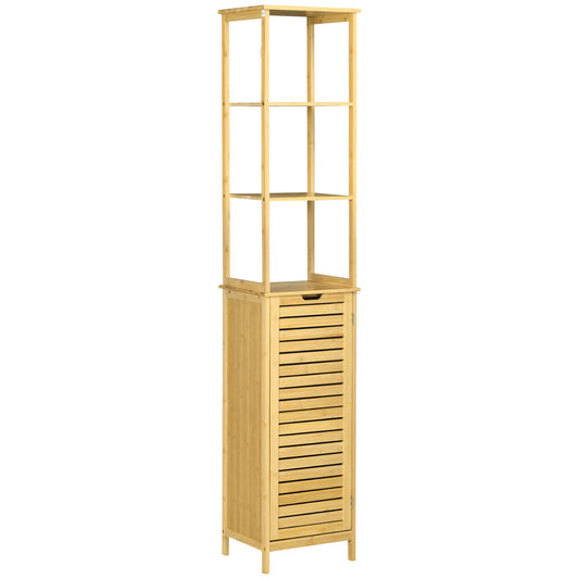 Badschrank Bambus, 34 x 30 x 173 cm, mit 3 offenen Fächer und 1 Schrank, Kippschutz, Grifföffnung, Freistehender, kleine Räume, Natur