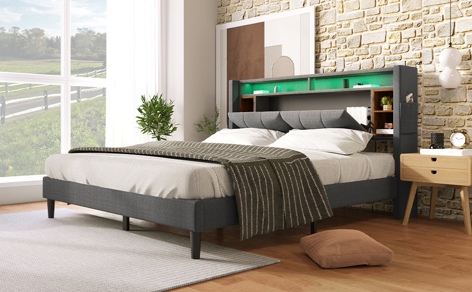 (=067980AAG)Polsterbett Doppelbett Stauraum-Kopfteil Bett mit aufladen USB und LED-Beleuchtung Bettgestell  Lattenrost aus Holz,160*200CM Grau(Ohne Matratze)