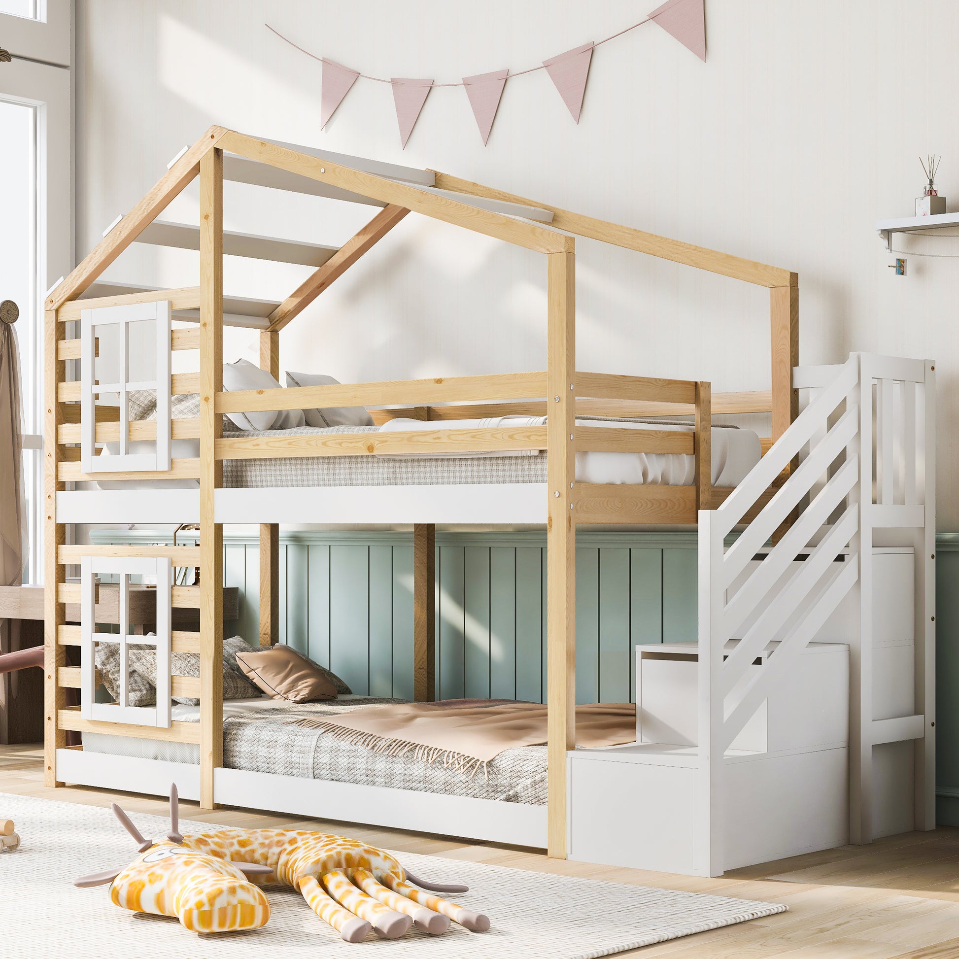 (=AB30604567W) Kinderbett Baumhaus 90 x 200 cm, Etagenbett für Kinder in Fensterbauweise mit Speicherung und Rausfallschutz, Natur & Weiß – 2x Lattenrost (Ohne Matratze)