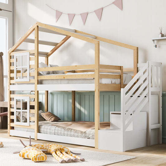 (=AB30604567W) Kinderbett Baumhaus 90 x 200 cm, Etagenbett für Kinder in Fensterbauweise mit Speicherung und Rausfallschutz, Natur & Weiß – 2x Lattenrost (Ohne Matratze)