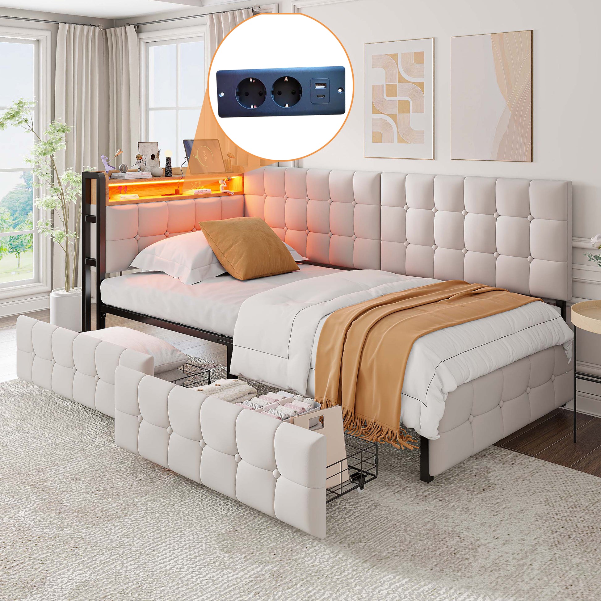 90 X 200 Gepolstertes Schlafsofa, Polsterbett mit 2 Schubladen und LED-Nachttischlampe, USB- und Typ-C-Anschluss, multifunktionales Kinder-Bootsbett, Schlafsofa Einzelbett Beige