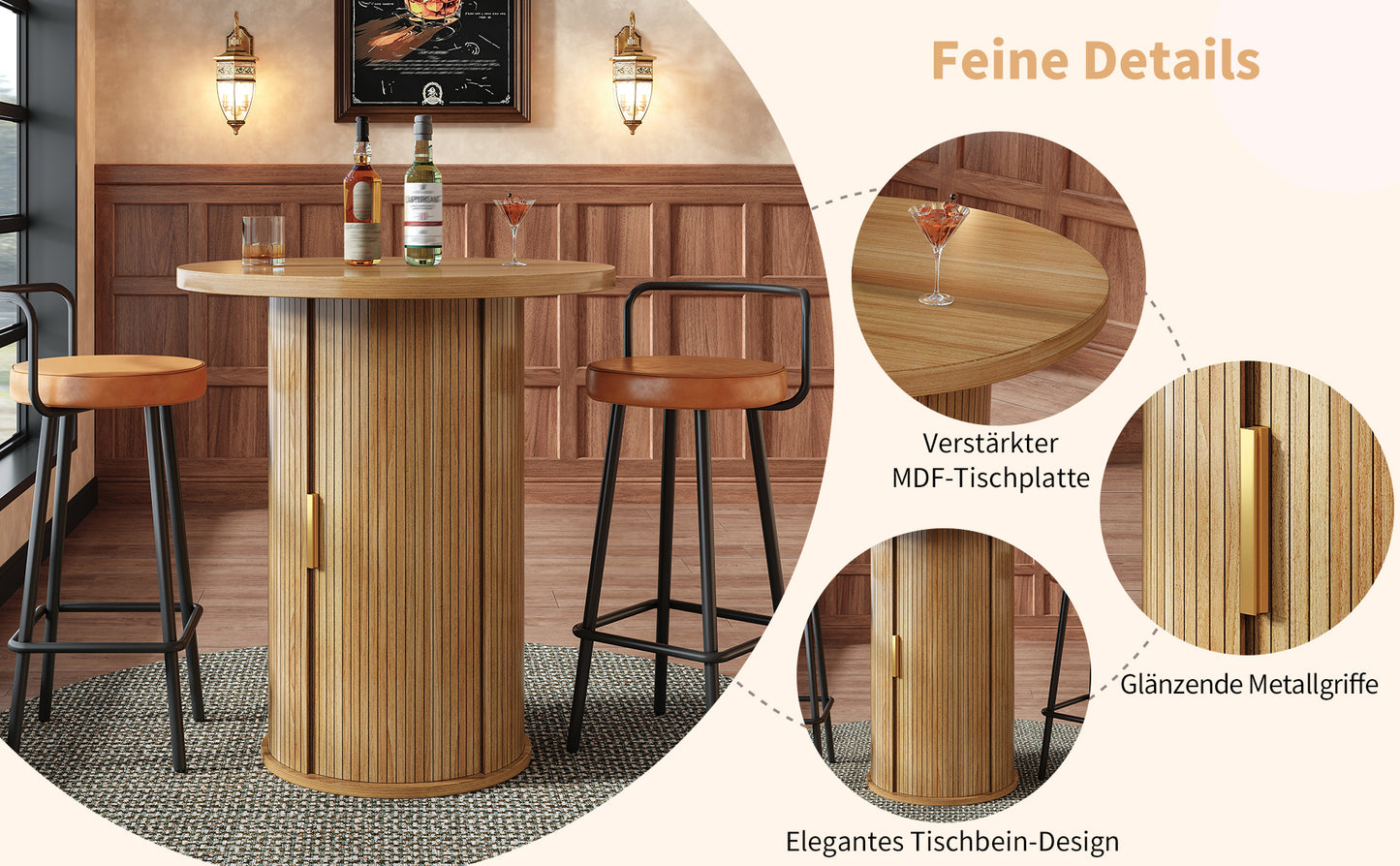 Runder Bartisch mit Stauraum, 91,6cm hoher Stehtisch mit Schrank, MDF Holzoptik, Belastbar bis 75kg, für Bar & Wohnzimmer