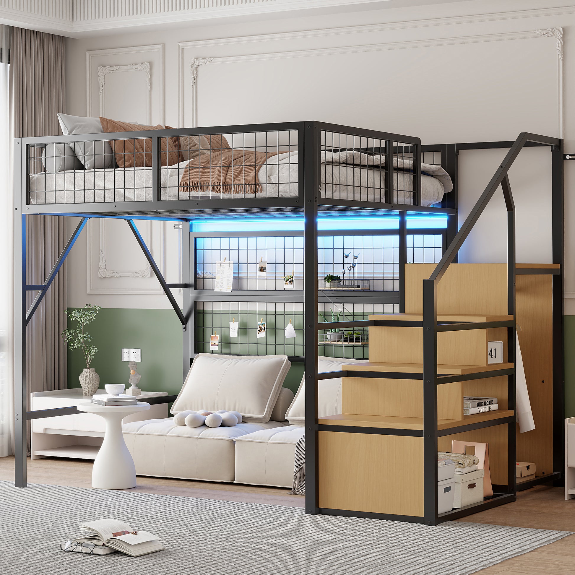 Gigab2b original image - Eisenbett, Etagenbett, Hochbett  140*200, Geeignet für Kinder und Jugendliche Vielseitiges,Metall-Hochbett mit APP-gesteuerten LED-Lichtleisten Treppe mit Stauraum, offenem Kleiderschrank Schwarz