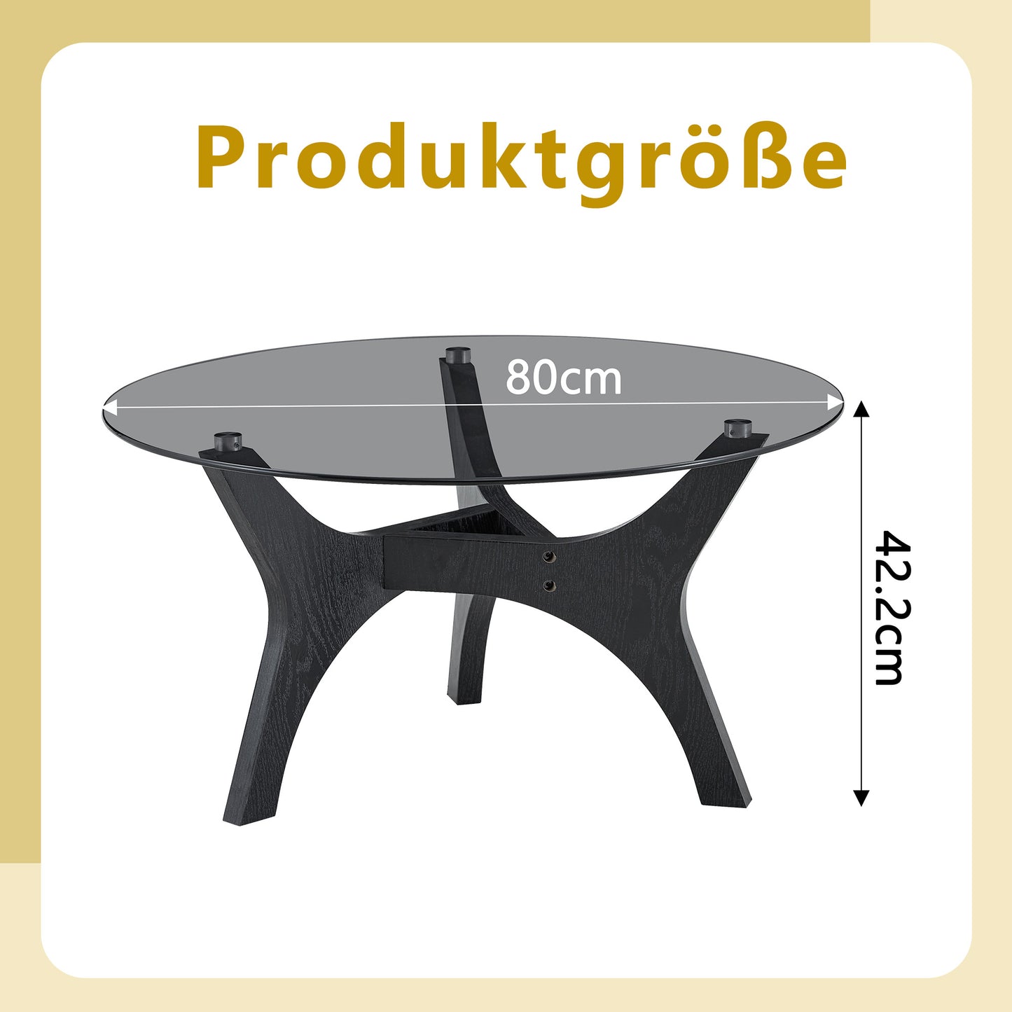 Runder Couchtisch mit Glasplatte, Moderner Wohnzimmertisch mit schwarzem Holzrahmen, Stabiler Kaffeetisch 80cm, Hitze- & Kratzfest, für Wohnzimmer, Büro & Lounge