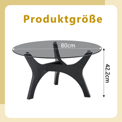 Runder Couchtisch mit Glasplatte, Moderner Wohnzimmertisch mit schwarzem Holzrahmen, Stabiler Kaffeetisch 80cm, Hitze- & Kratzfest, für Wohnzimmer, Büro & Lounge