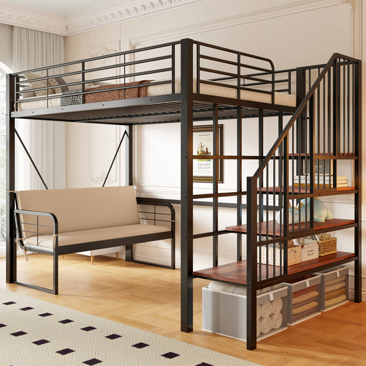 Gigab2b original image - Etagenbett (140 x 200 ) mit stabilem Metallrahmen, Hochbett mit abnehmbarem Polstersofa, Stauraum und Sicherheitstreppe. Geeignet für Kinder, Jugendliche und Erwachsene Schwarz.