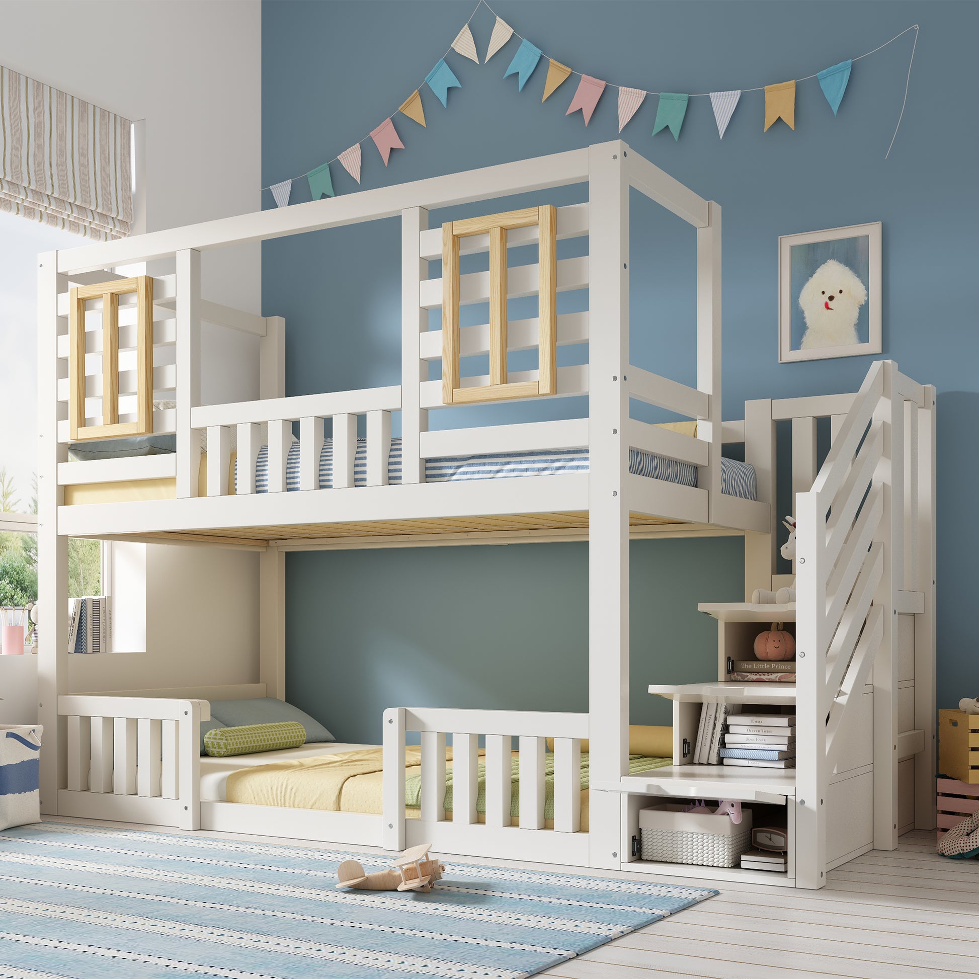 Gigab2b original image - Etagenbett 90x200 cm Weiß im Hüttenstil mit Holzfenstern und Treppenschrank, Kinderbett mit 2 Liegeflächen, Lattenrost inklusive, EN 747, ohne Matratze