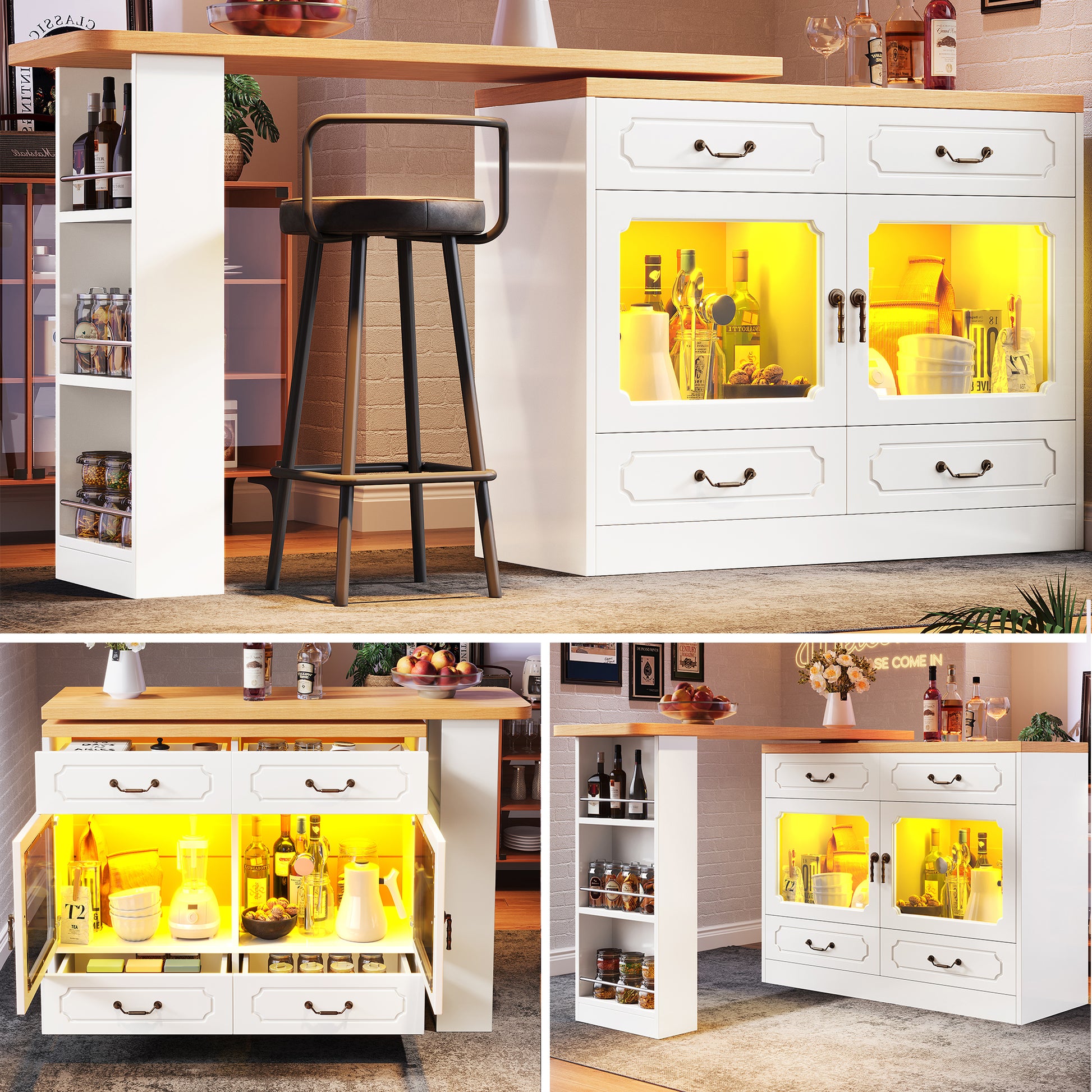 Ausziehbarer Bartisch mit Stauraum(135-203×39×92.8cm) , 360° drehbare Essbar, geeignet für Schlafzimmer, Wohnzimmer, Esszimmer, Teleskopischer Bartisch mit LED, Hochtisch Kücheninsel, Weiß